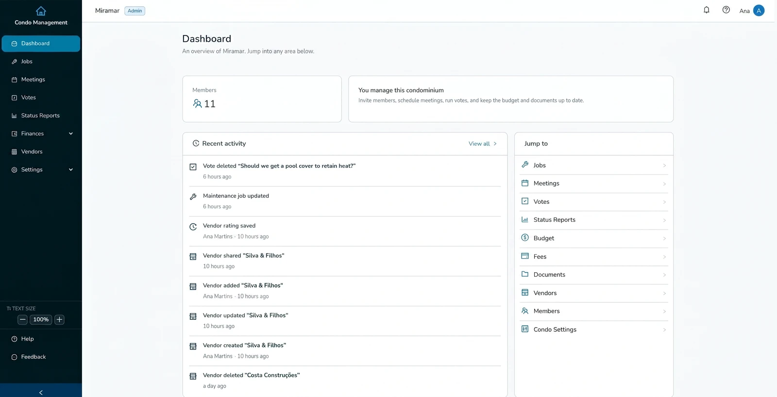 The Condoclar dashboard: members, recent activity across votes, jobs and vendors, and quick links to every area