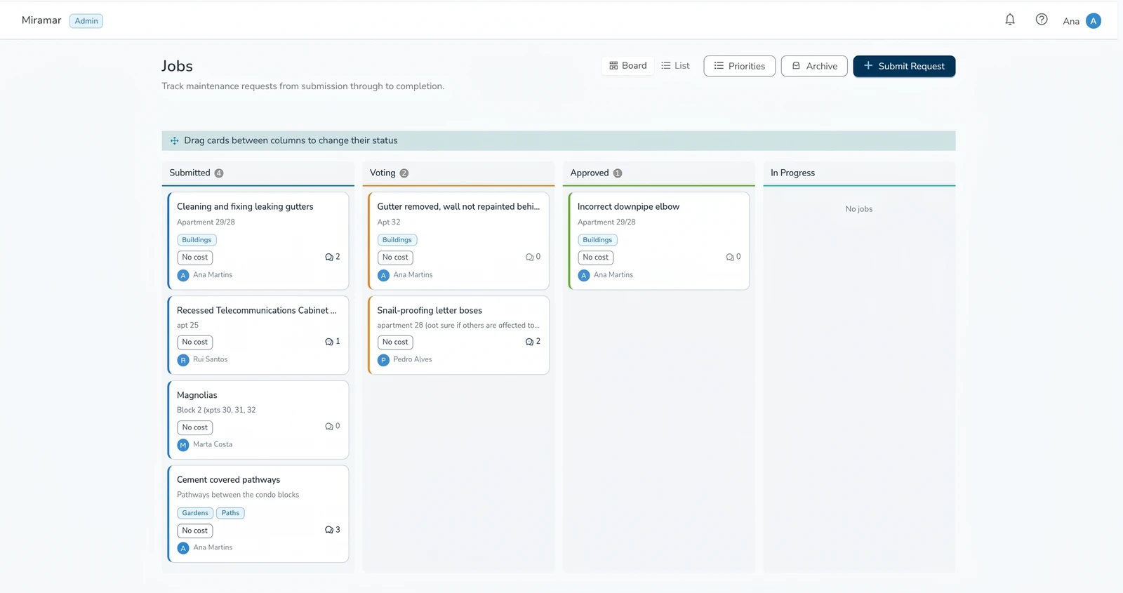Condoclar jobs board tracking maintenance requests from submission through completion