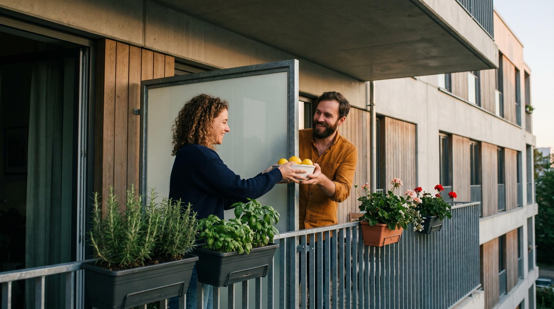 Two neighbours chatting across the balconies of a modern building, one handing over a bowl of lemons