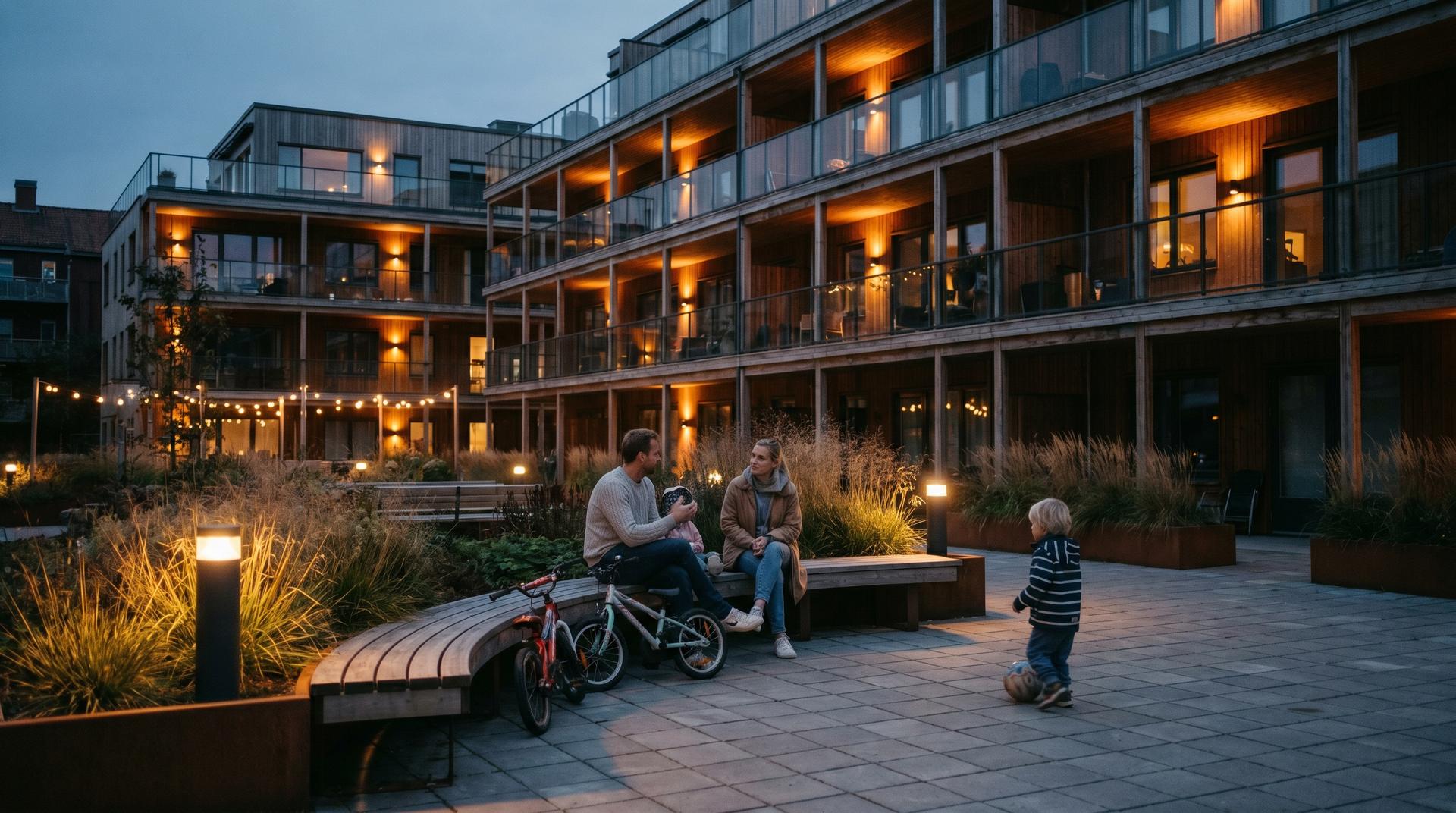The shared courtyard of a modern condominium at dusk — children’s bikes by a bench, neighbours chatting