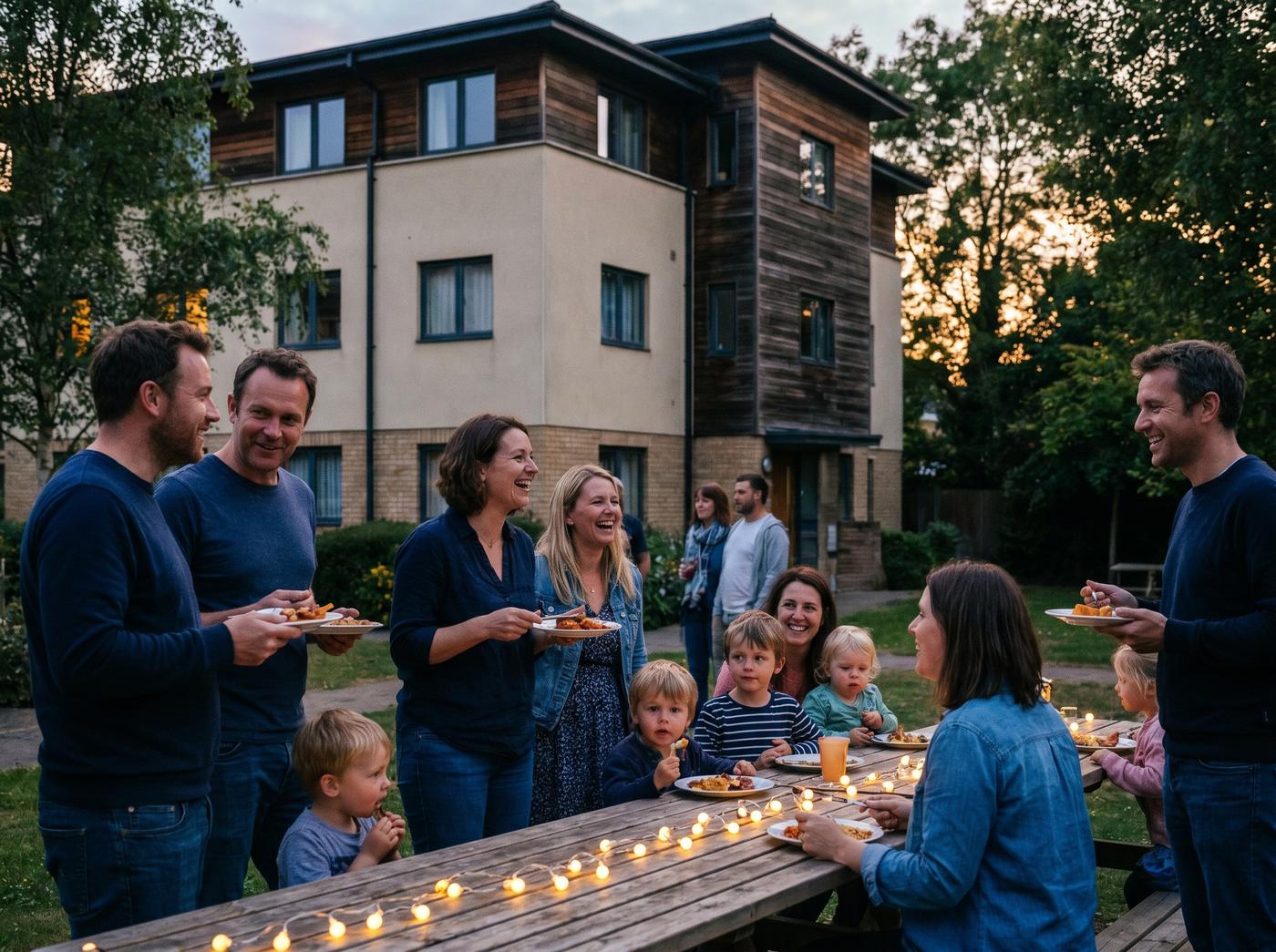 Neighbours with young children sharing a barbecue in the communal garden of a modern condominium