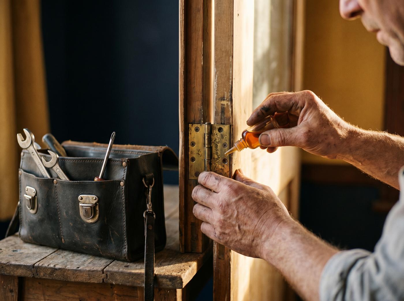 The skilled hands of a craftsman carefully repairing the hinge of an old wooden door