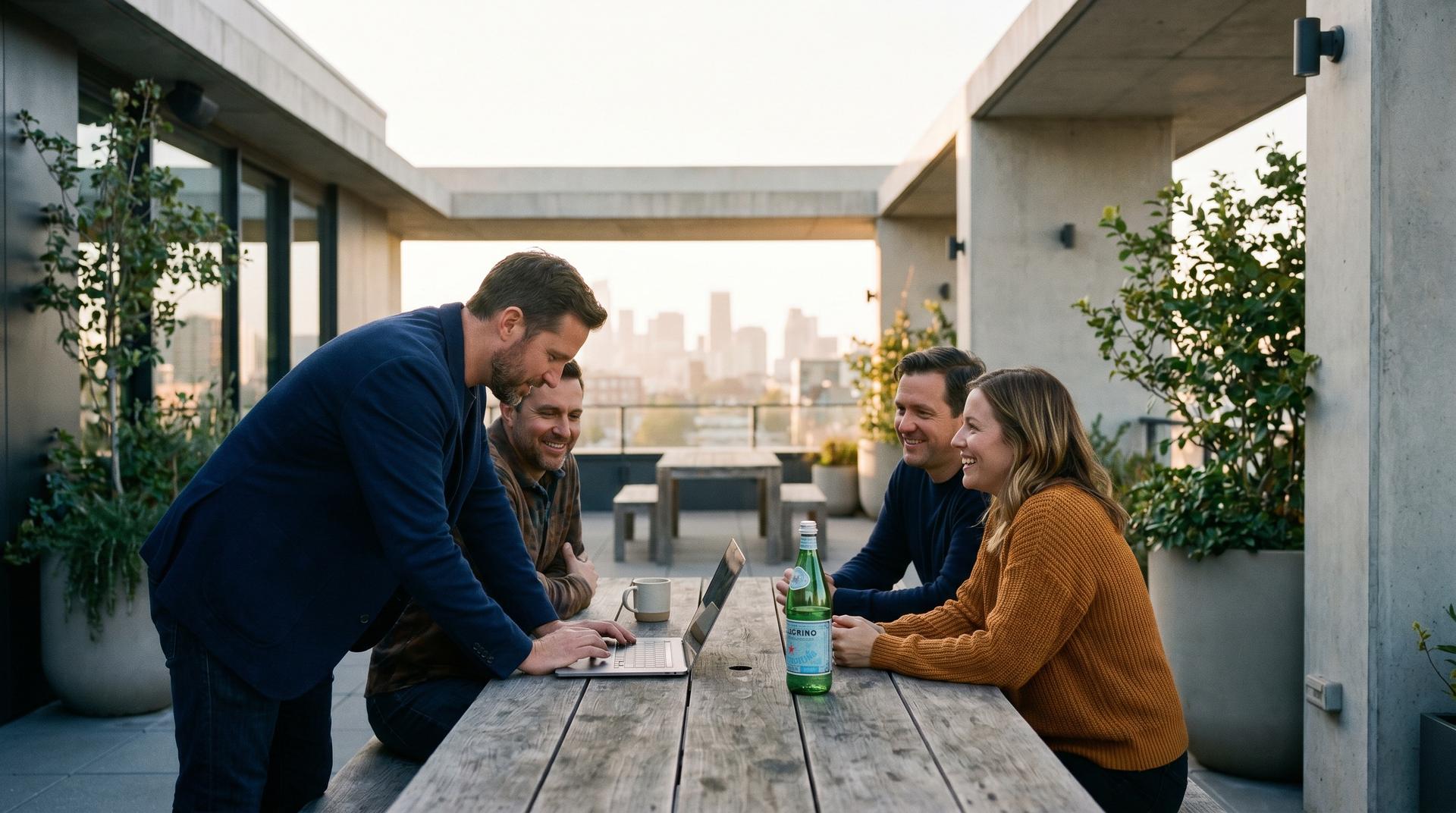 Residents having a relaxed meeting on the rooftop terrace of a modern building