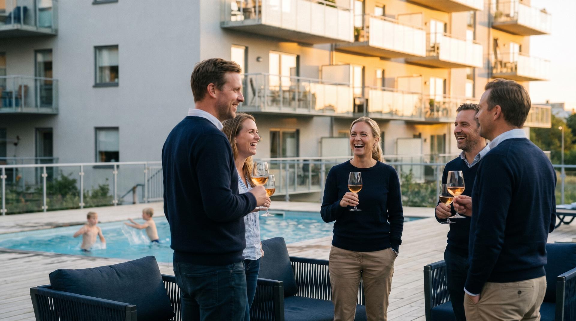 Neighbours talking and laughing over drinks beside the pool of their modern condominium