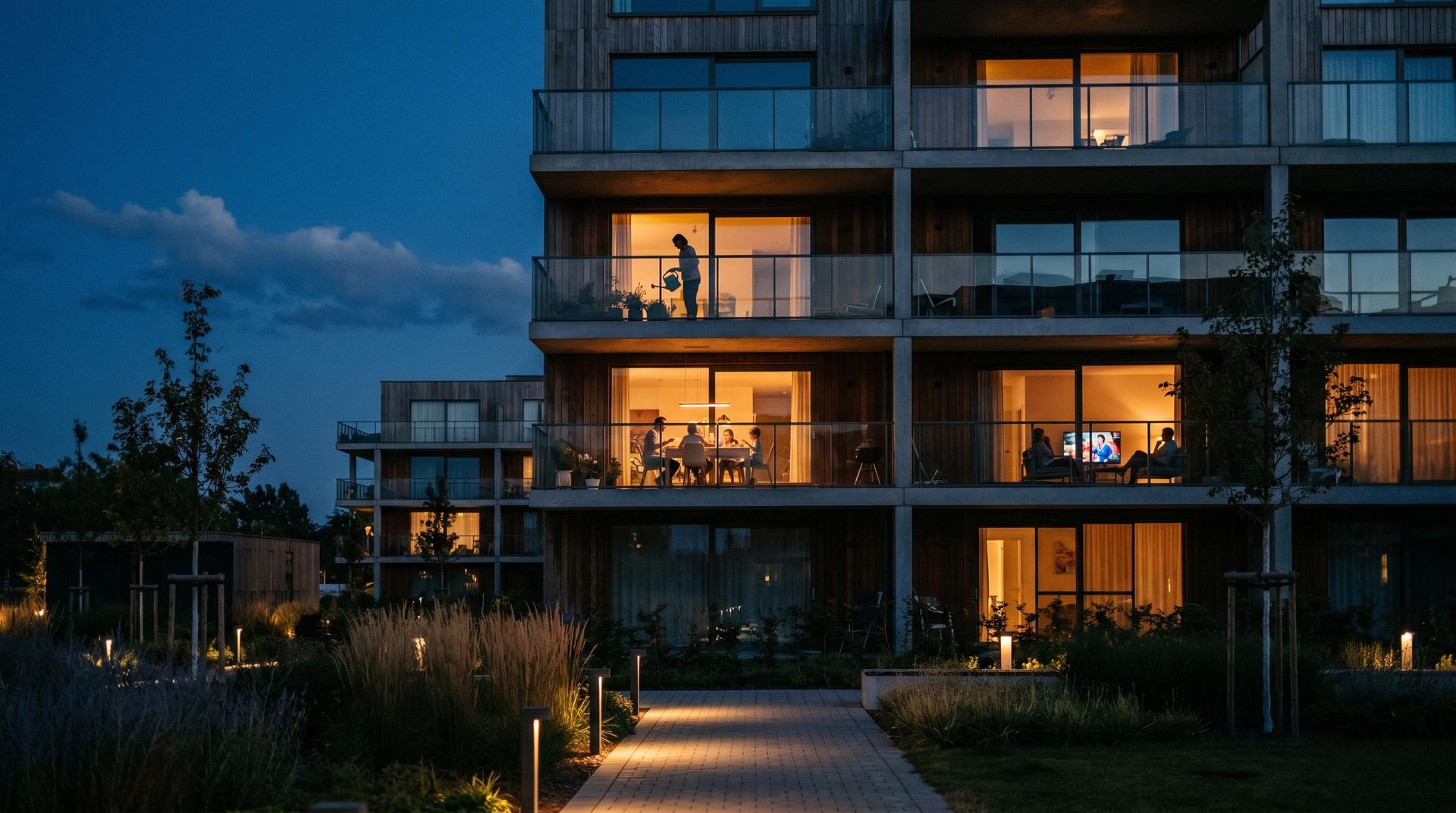 A modern apartment building at dusk with warmly lit balconies and windows